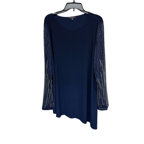 Marina Navy Blue Beaded sheer sleeve tunic Asymmetrical Hem Sz 20W Dark Romantic - Picture 5 of 12